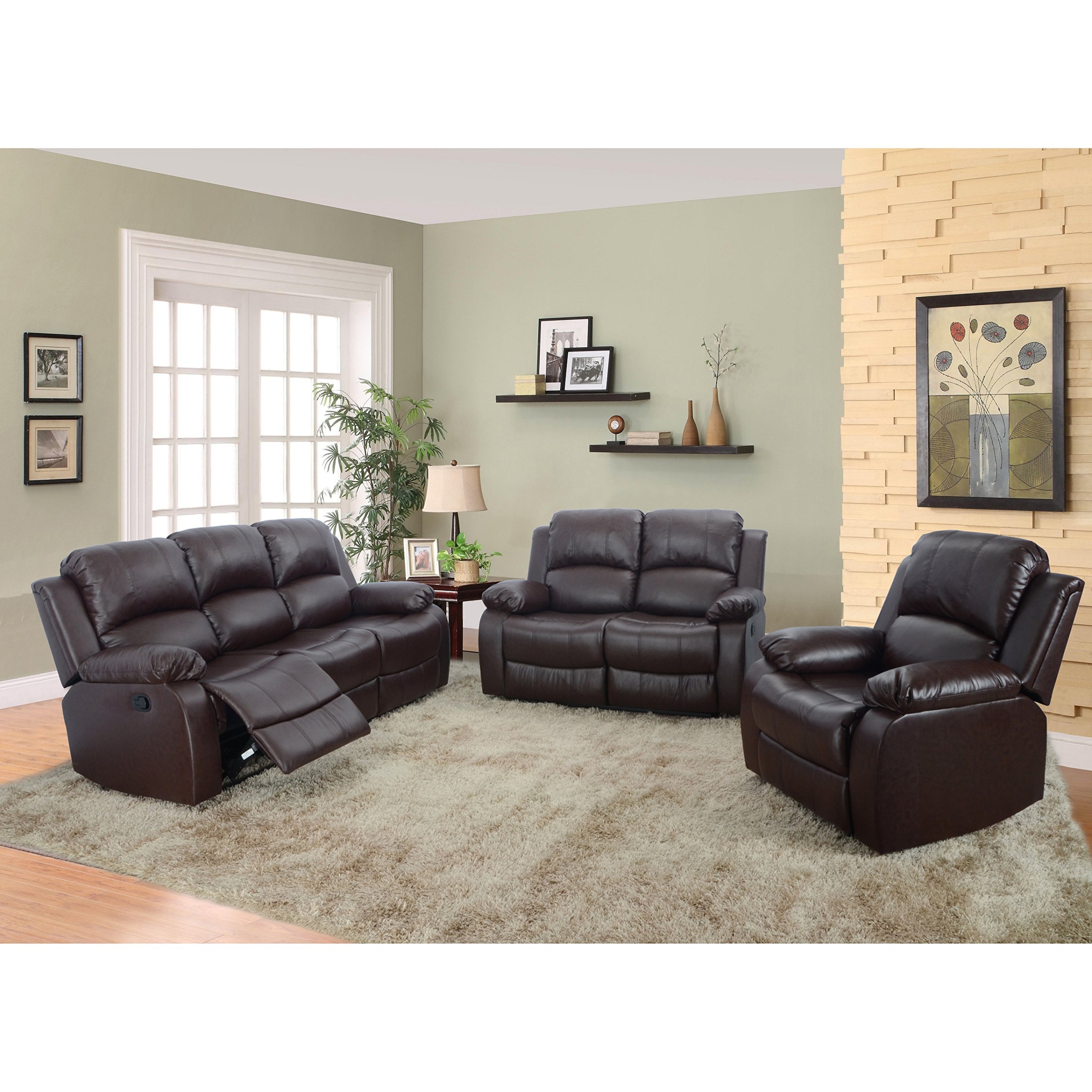 Beverly Furniture Sofá de cuero regenerado de  piezas, sofá biplaza y  silla con  sillas reclinables (juego de ), marrón