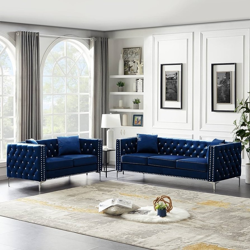 Harper & Bright Designs Juego de muebles tapizados de terciopelo azul de   piezas, incluye sofá de  plazas y sofá biplaza con botones de joyas, brazo
