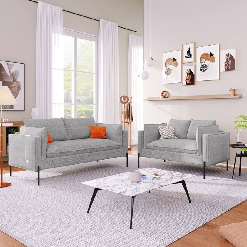 Juego de sofá de tela de lino de  piezas con puertos de carga USB, juegos  de sofá tapizado estilo Morden y sofá biplaza con sofá de  plazas y sofá