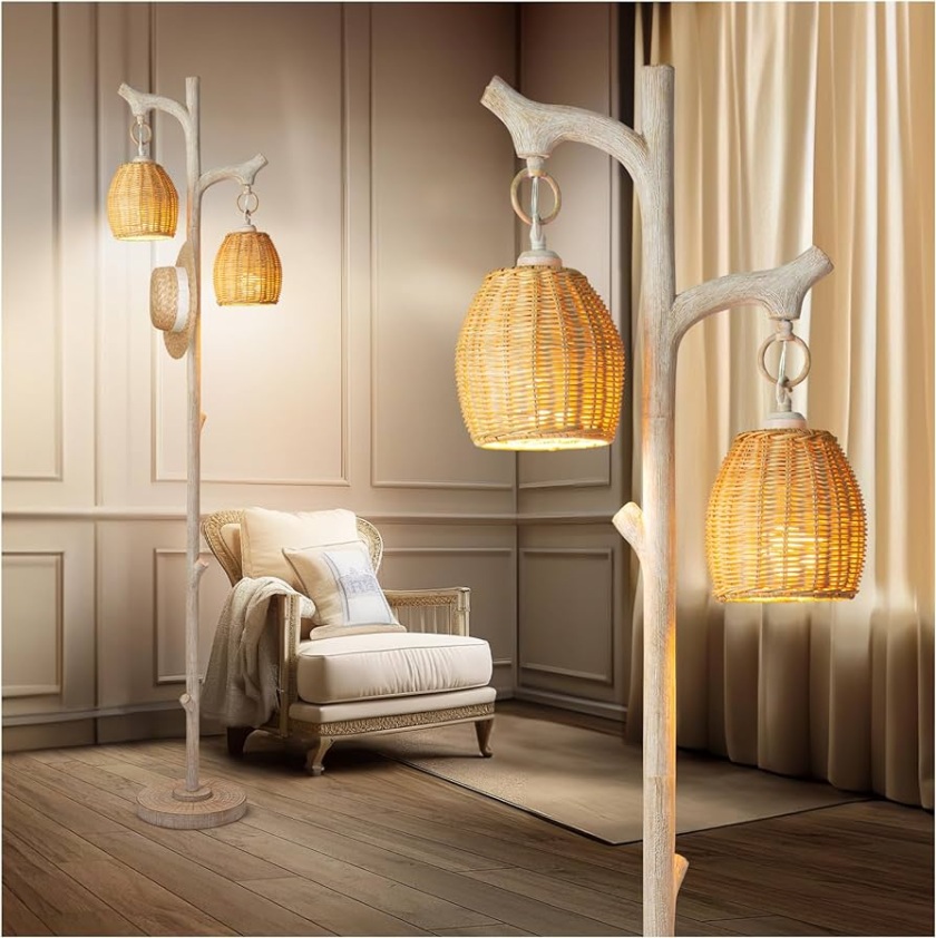 Lámpara de pie rústica de  pulgadas de alto, tronco de árbol, columna de  madera sintética, pantalla de tambor de mimbre lavado blanco, decoración
