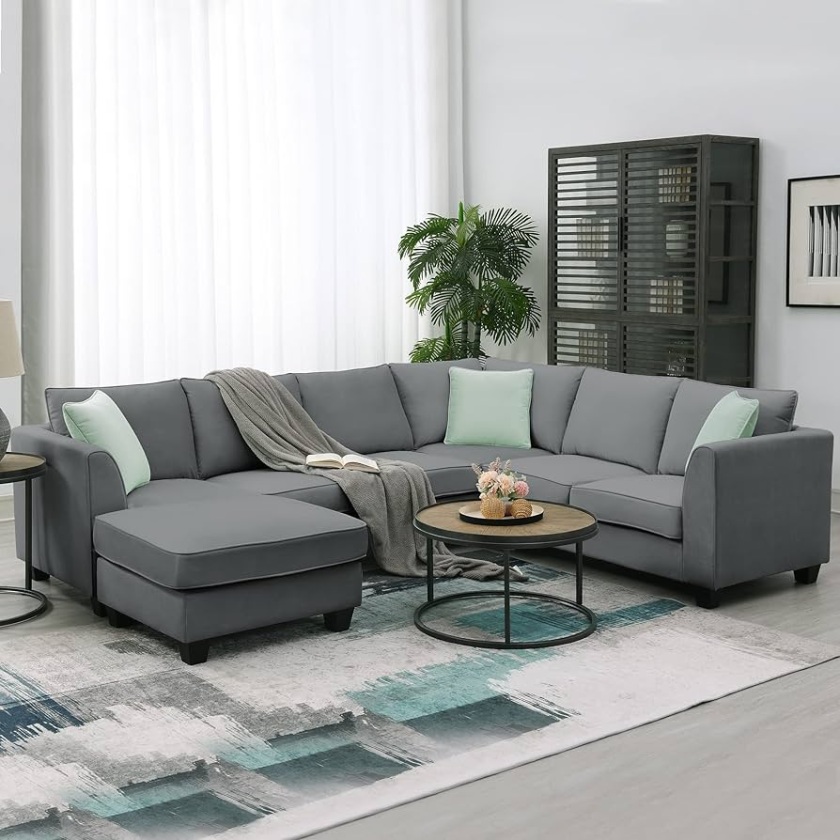 Merax Moderno sofá seccional grande en forma de U, juego de sofá seccional  de tela de  asientos con otomana móvil, sofá seccional en forma de L, sofá