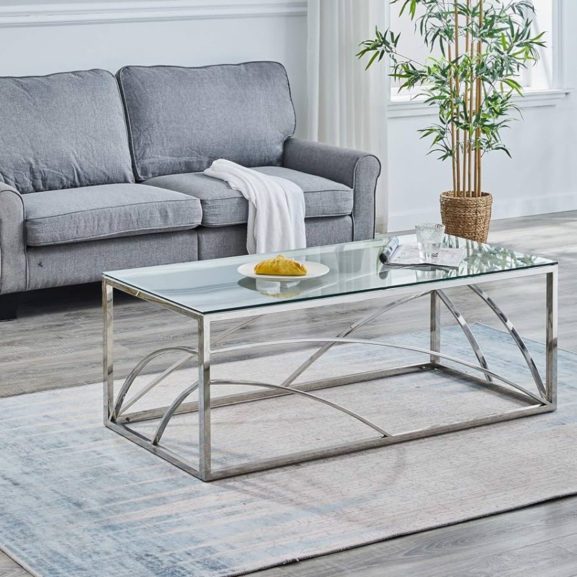 Mesa de centro rectangular de acero inoxidable para sala de estar, mesa  central moderna y elegante de